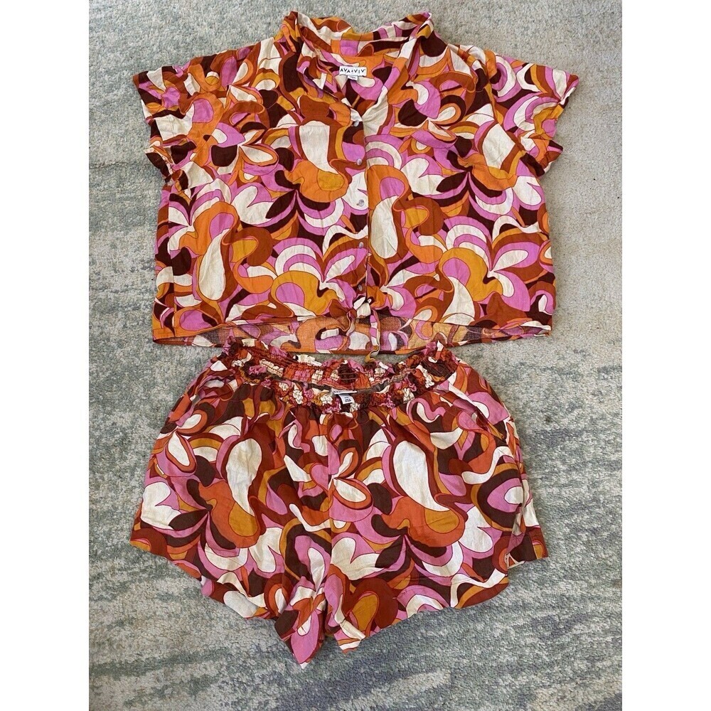 SET Ava & Viv Size 2X High-Rise Linen Pull-On 70s Groovy Comfort Geometric Print
